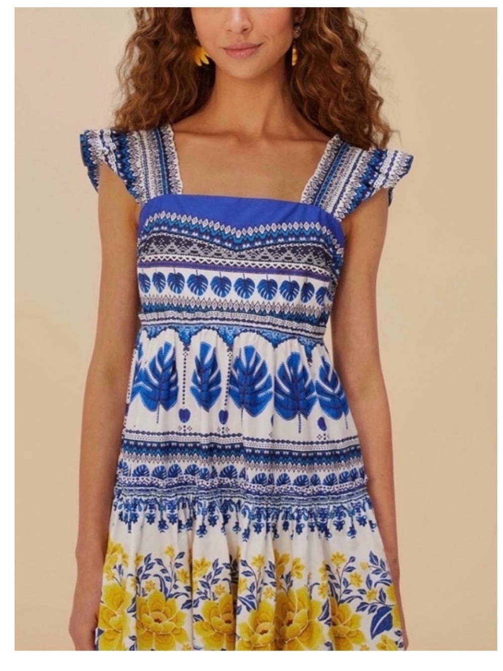 FARM Rio Blue & White Floral Mini Dress with Yellow Accents